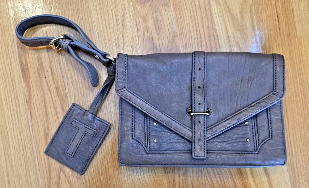 Tory Burch 797 Gray Leather Clutch Adjustable Strap Quiet Luxury Y2K Designer
